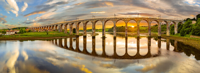 Berwick, Northumberland, UK, June 19, 2024; sunset aerial view of the Royal Border Bridge Viaduct, Berwick, Berwick-upon-Tweed, Northumberland, England, UK.