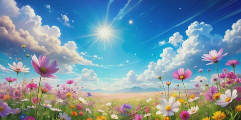 A Vibrant Field of Cosmos Flowers Under a Sunny Sky, Digital Painting, Colorful Flowers, Blue Sky, Sunlight, cosmos, field