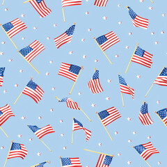 Charming sticker sheet with simple illustrations of scattered American flags, ideal for decorating journals, notebooks, and Fourth of July projects