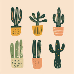 Fototapeta premium Minimalist Cactus Clipart – Set of 6 Abstract Plant Designs