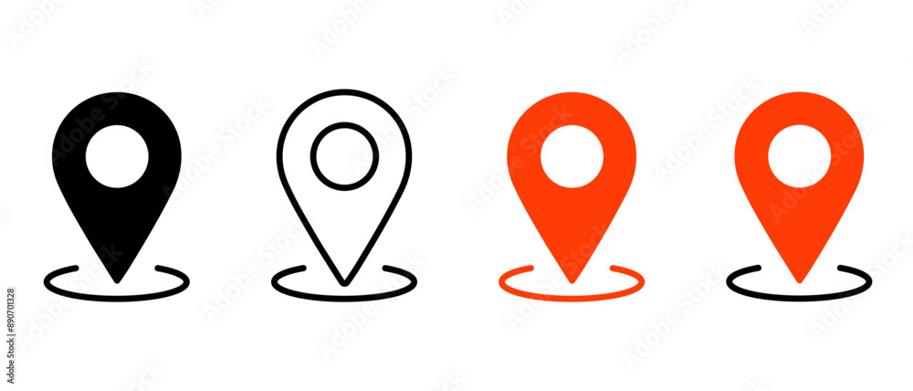 Fototapete Set of location icons, location marker on the map. Element for application website user interface design. Location pointer icon symbol in flat style. Red and black pin icon, navigation sign.