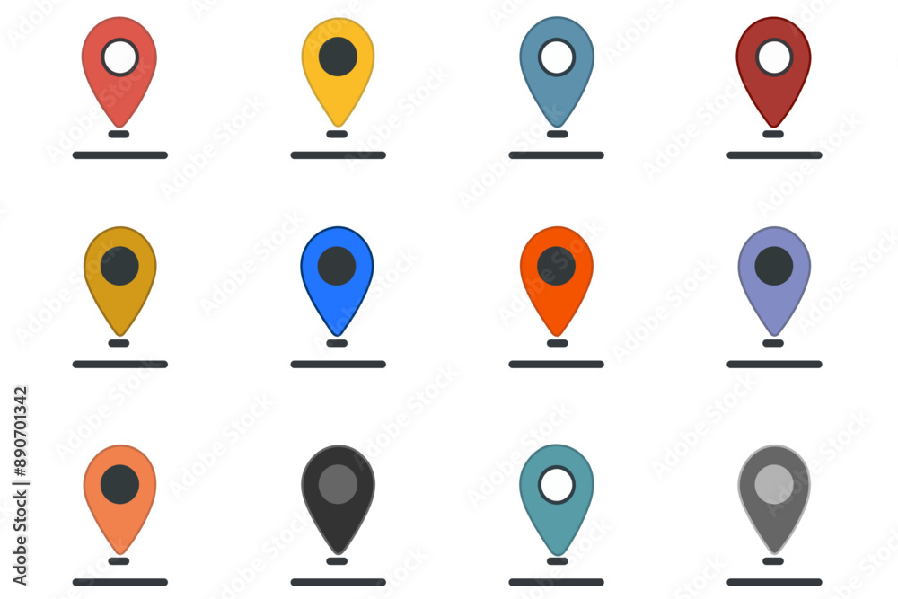 Poster Set of color location icons, location marker on the map. Element for application website user interface design. Location pointer icon symbol in flat style. Red and black pin icon, navigation sign.