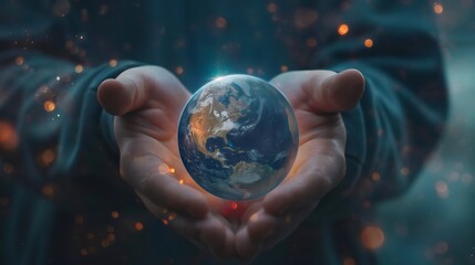 Fototapeta premium Close-up of a man holding miniature planet Earth, the world in hands concept of environmental conservation, natural surroundings, geography and people, save nature and ecology, protect sphere, globe.