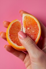 A woman's hand with light pink nail polish is pinching the inside of an orange, against a pastel pink background.