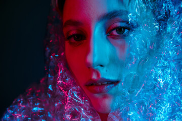 Fototapeta premium Woman's face glows under neon lights, half hidden by translucent material