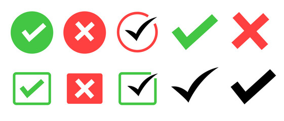 Checkmarks. A red icon indicates the task has not been completed, and a green checkmark has completed the task. A "yes" or "no" check mark in a green box and a red cross. Vector icons. © Nadiia
