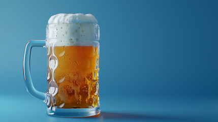 Beer mug with a foam head against a blue background