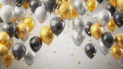 Black, Gold, and Silver Balloons with Confetti, 3D Render, Celebration, Party, Festive