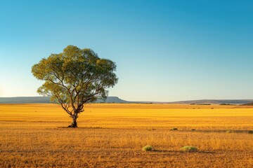 Fototapeta premium A lone tree stands in a vast, empty field