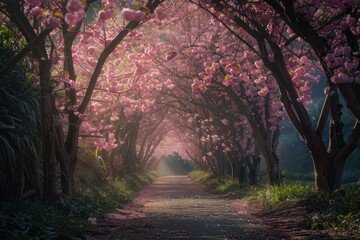 A path through a forest of pink cherry blossoms