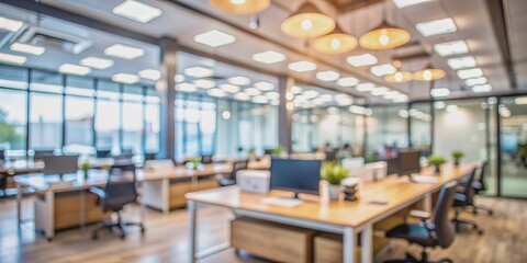 Blurred Office Interior Light and Desk in Focus, office interior, desk space, blurred background, workplace