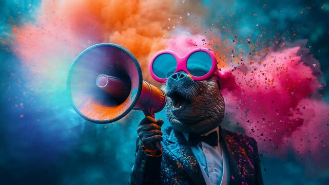 Fashionable otter Wearing tuxedo and Sunglasses Holding Megaphone Against colorful cloud Background