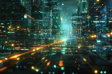 Fototapeta premium Data visualization merging with network infrastructure in a futuristic double exposure