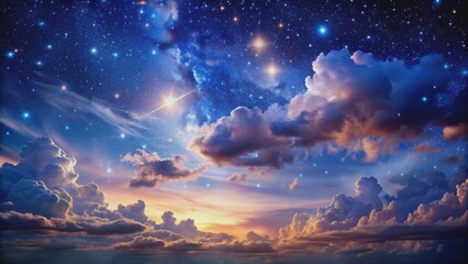 Fototapeta premium Celestial Canvas A Starry Night with Golden Clouds, Digital Painting, Cloudscape, Stars, Night Sky, Cosmic Landscape