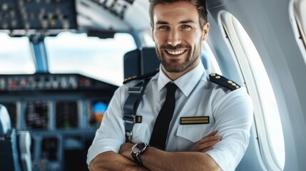 A smiling pilot in a white uniform stands in the cockpit of an airplane