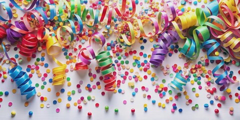 Obraz premium Colorful Party Confetti and Ribbons on White Wooden Background, Confetti, Party, Celebration, Festive