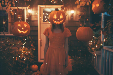 woman in an orange dress with carved pumpkin head , in front of house porch decorated with elegant pumpkins with cozy lights , vintage , aesthetic retro style