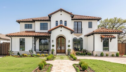 Fototapeta premium Elegant spanish style home with white and black facade, dark brown details, and paver driveway