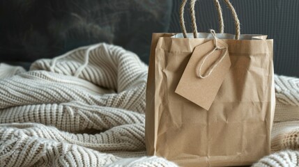 Brown Paper Bag with a Tag on a Knitted Blanket