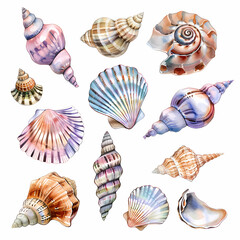 Sticker sheet featuring watercolor seashells in cartoon style with pastel colors, perfect for adding a soft, coastal touch to your projects