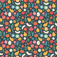Seamless pattern/ background of summer vibe vegetables, fruits, herbs, and flower. Avocado, tomato and fig