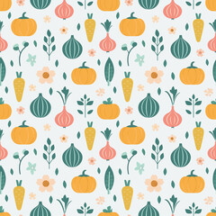 Seamless pattern/ background of summer vibe vegetables, fruits, herbs, and flower. Avocado, tomato and fig