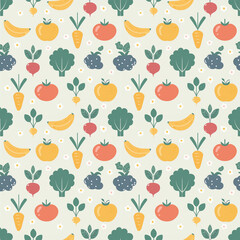 Seamless pattern/ background of summer vibe vegetables, fruits, herbs, and flower. Avocado, tomato and fig