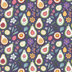 Seamless pattern/ background of summer vibe vegetables, fruits, herbs, and flower. Avocado, tomato and fig