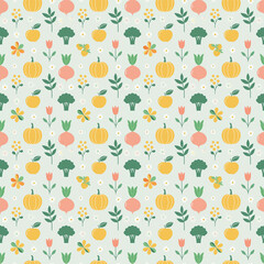 Seamless pattern/ background of summer vibe vegetables, fruits, herbs, and flower. Avocado, tomato and fig