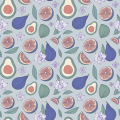 Seamless pattern/ background of summer vibe vegetables, fruits, herbs, and flower. Avocado, tomato and fig