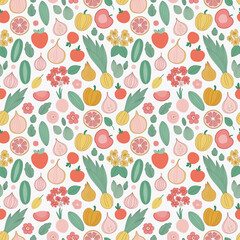 Seamless pattern/ background of summer vibe vegetables, fruits, herbs, and flower. Avocado, tomato and fig