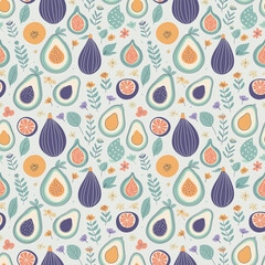 Seamless pattern/ background of summer vibe vegetables, fruits, herbs, and flower. Avocado, tomato and fig