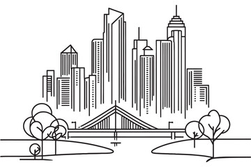 Modern cityscape one line vector drawing. Metropolis architecture panoramic view. New York skyscrapers hand drawn silhouette.