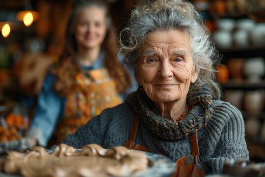 A senior woman, smiling brightly, works on her clay creations in a pottery studio, reflecting the charm of handmade artistry and the joy of creative pursuits.