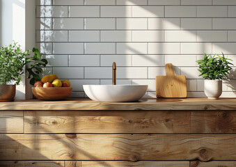 minimalist white kitchen with light wood cabinets and tile backsplash, hyper realistic close up shot of wall behind sink in the style of photorealistic.