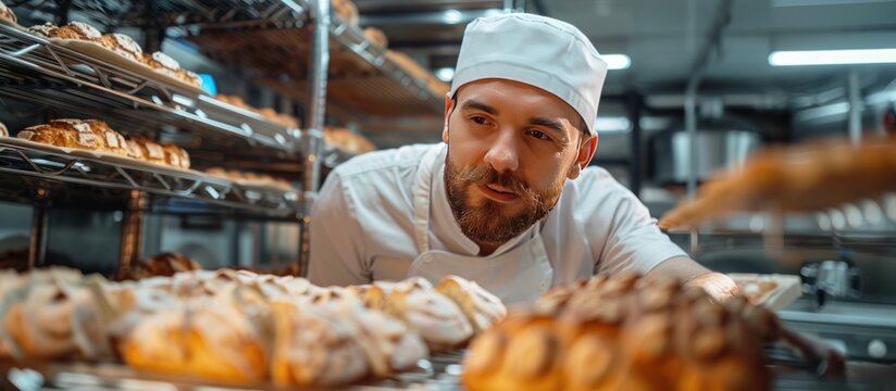Baker Inspecting Freshly Baked Bread in a Bakery