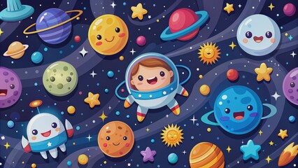 Naklejka premium Cute Astronaut in Space, Cartoon, Planets, Stars, Galaxy, Illustration, Astronaut
