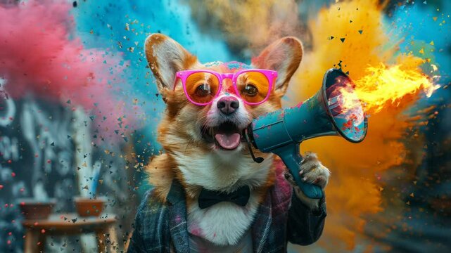 Fashionable corgi Wearing tuxedo and Sunglasses Holding Megaphone Against colorful cloud Background