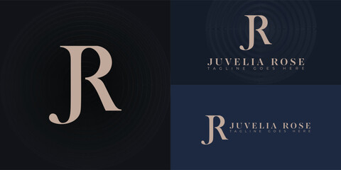 Abstract initial letter JR or RJ logo in gold color isolated on multiple background colors. The logo is suitable for beauty and fashion logo design inspiration templates.