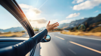 A person extends their hand out of a car window while driving on a scenic road during a sunny day, capturing a sense of freedom and adventure.