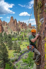 Obraz premium Adventurous rock climber scaling steep cliff against stunning clear blue sky background