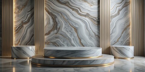 Elegant Marble Podium with Gold Accents, 3D Rendering, Product Display, Minimalist Background, Marble, Gold, Podium