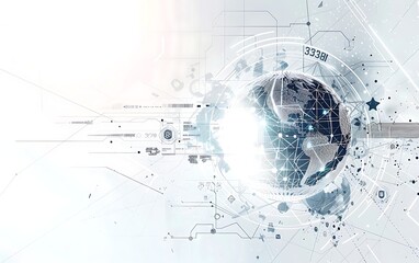 Obraz premium Futuristic Abstract Tech: Navigating Global Communication and Data Analysis on White Background, Cyber Innovation Theme