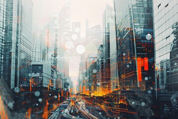 Business charts merged with urban environment in an eye-catching double exposure