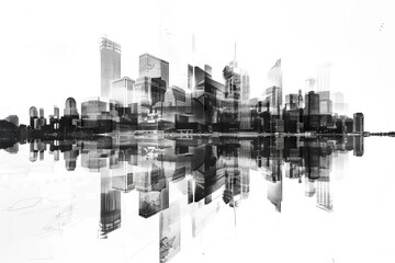 Corporate symbols intertwined with city buildings in a stylish double exposure