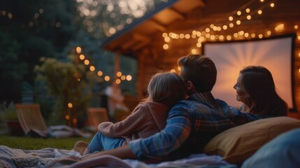 A family cuddles together on a blanket, watching an outdoor movie under string lights, creating a cozy and magical evening