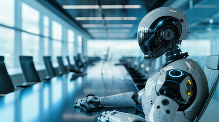 Fototapeta premium Visualize the integration of artificial intelligence in a modern business setting, highlighting collaboration between humans and AI. Generative AI