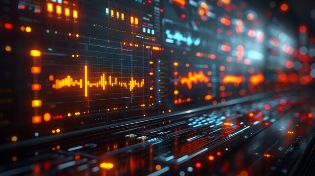 A futuristic display featuring vibrant data visualization and analytics with glowing charts, graphs, and digital interfaces in a high-tech environment