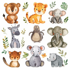 Fototapeta premium Adorable Watercolor Animal Sheet – Cartoon Style Animals Collection