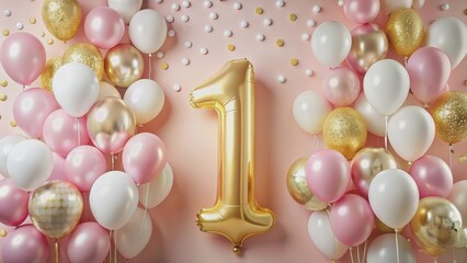 First Birthday Balloons - Pink, Gold, and White, Balloons, Celebration, Party, First Birthday